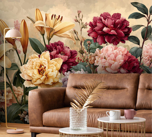 Golden Bloom Elegance Vintage Floral Wallpaper – room setting, Golden Era Walls