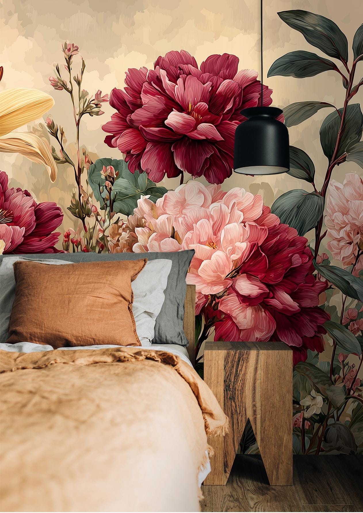 Golden Bloom Elegance Vintage Floral Wallpaper – scale reference, Golden Era Walls