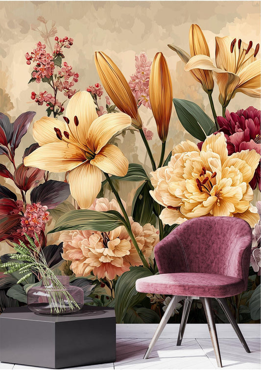 Golden Bloom Elegance Vintage Floral Wallpaper – peel and stick wallpaper mural, Golden Era Walls