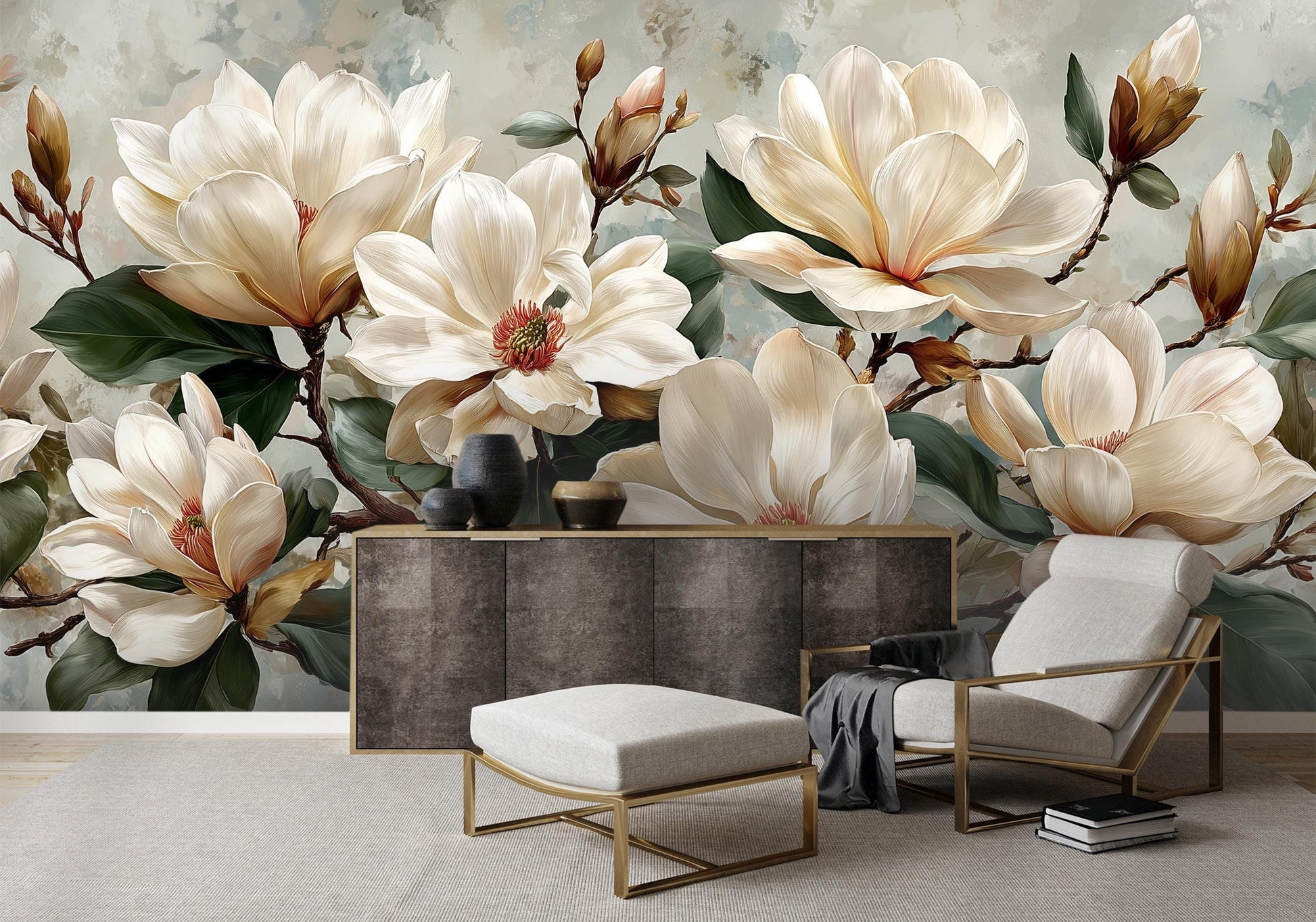 Ivory Magnolia Floral Botanical Floral Wallpaper – peel and stick wallpaper mural, Golden Era Walls
