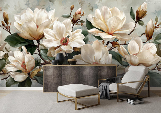 Ivory Magnolia Floral Botanical Floral Wallpaper – peel and stick wallpaper mural, Golden Era Walls