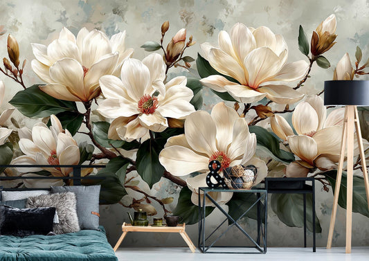 Ivory Magnolia Floral Botanical Floral Wallpaper – lifestyle view, Golden Era Walls