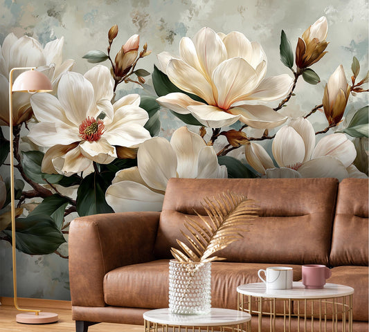 Ivory Magnolia Floral Botanical Floral Wallpaper – detail view, Golden Era Walls