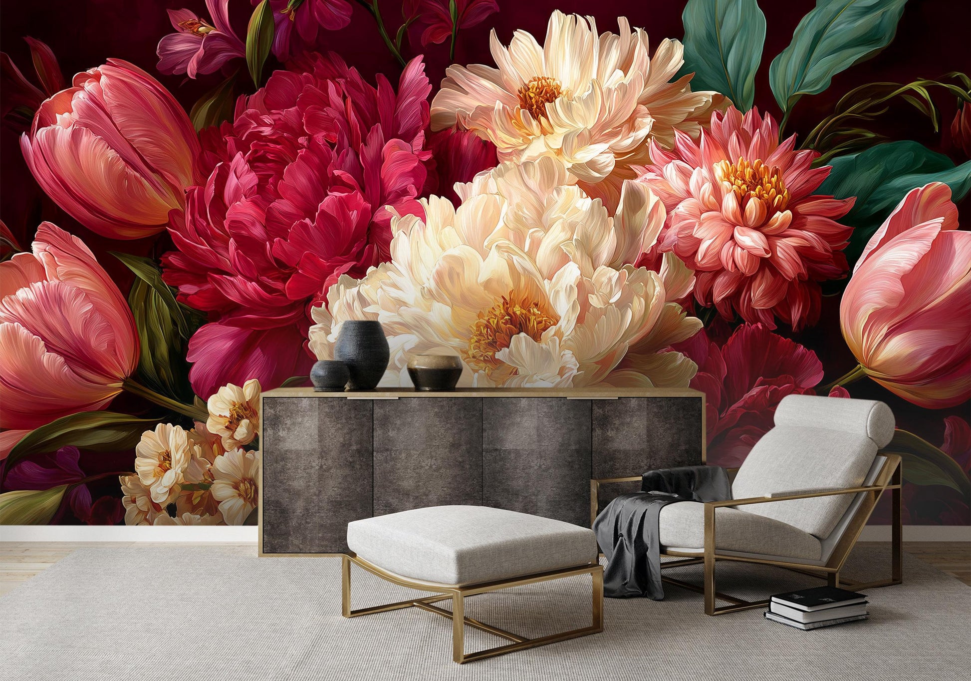 Lavish Burgundy Floral Oversized Floral Wallpaper – lifestyle view, Golden Era Walls
