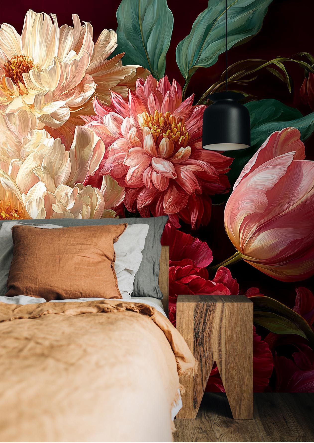 Lavish Burgundy Floral Oversized Floral Wallpaper – scale reference, Golden Era Walls