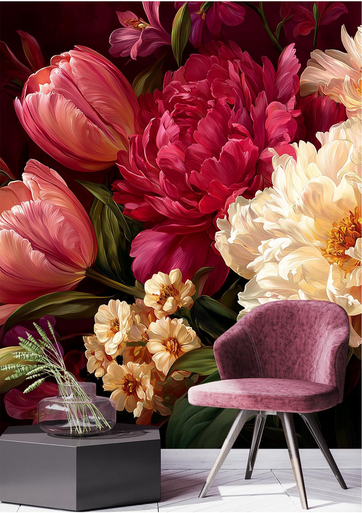 Lavish Burgundy Floral Oversized Floral Wallpaper – peel and stick wallpaper mural, Golden Era Walls
