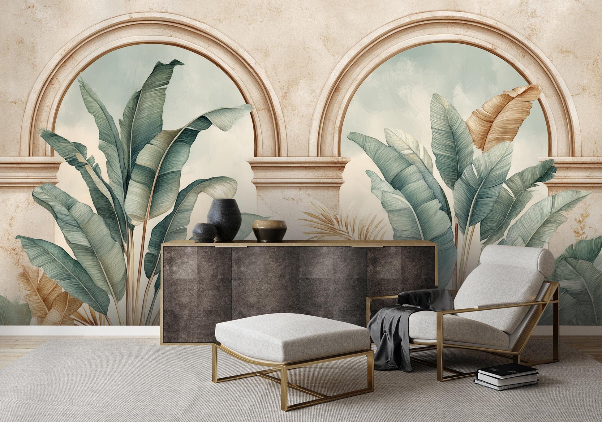 Light Watercolor Arch Botanical Floral Wallpaper – scale reference, Golden Era Walls
