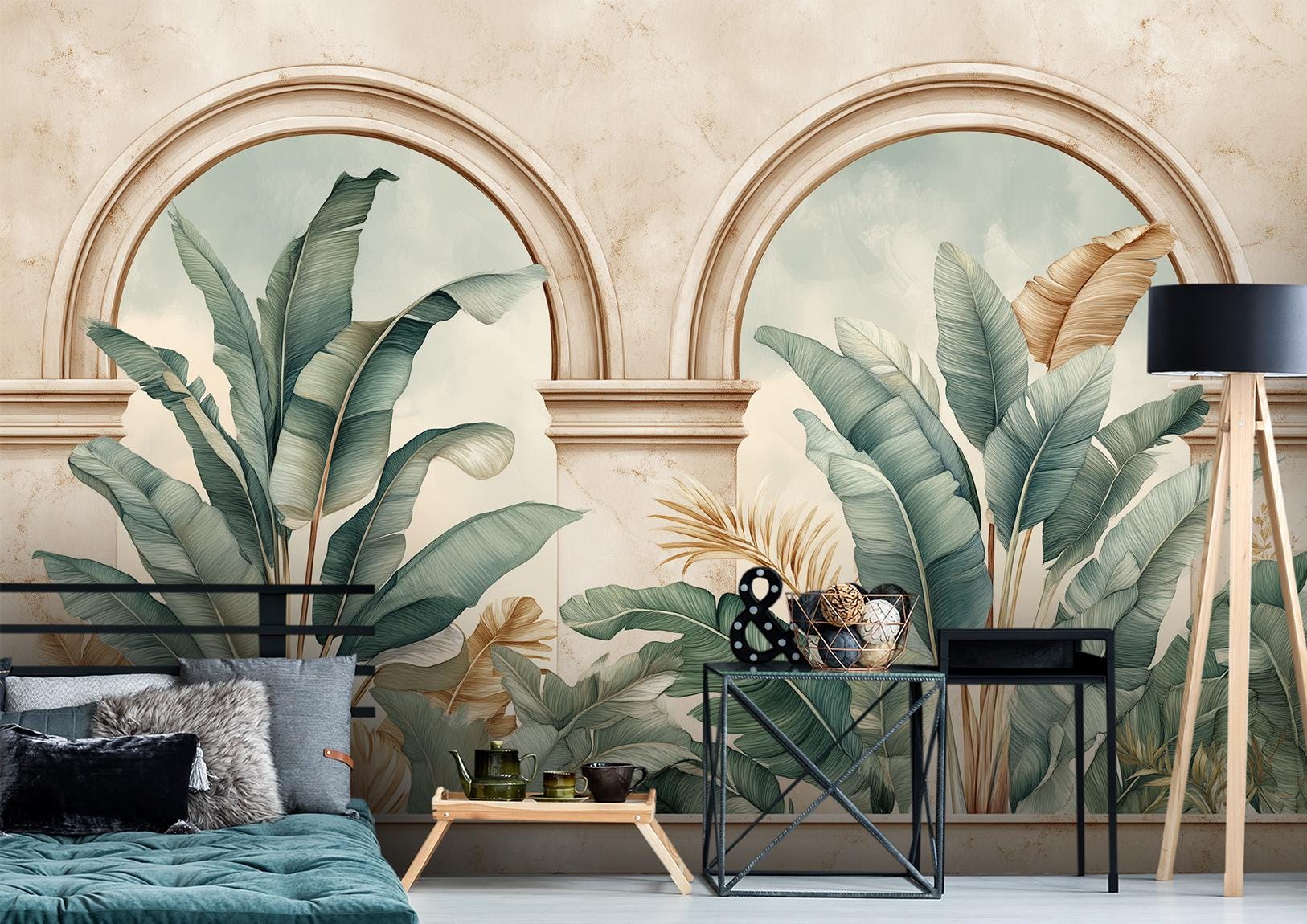 Light Watercolor Arch Botanical Floral Wallpaper – room setting, Golden Era Walls