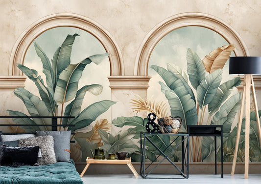 Light Watercolor Arch Botanical Floral Wallpaper – room setting, Golden Era Walls