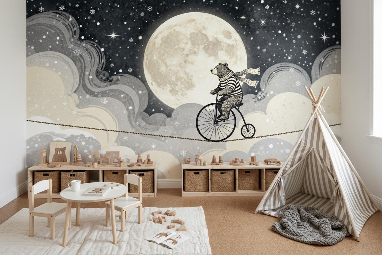 Whimsical Bear Moon Gray Wallpaper – scale reference, Golden Era Walls