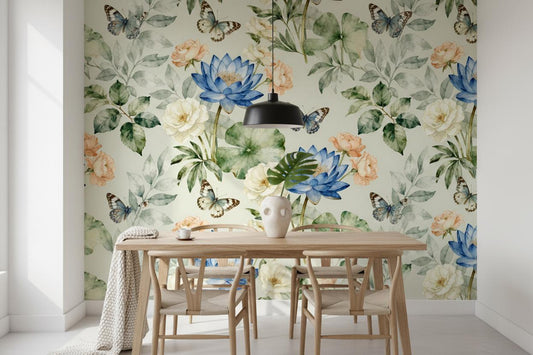 Watercolor Vintage Floral Blue Floral Wallpaper – peel and stick wallpaper mural, Golden Era Walls