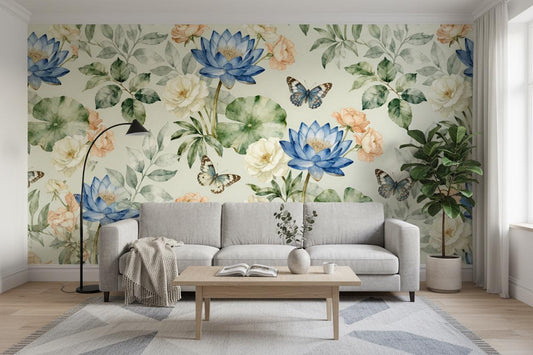 Watercolor Vintage Floral Blue Floral Wallpaper – room setting, Golden Era Walls
