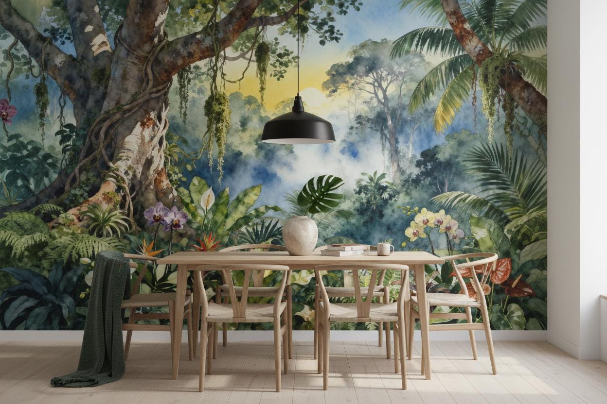Watercolor Tropical Jungle Non Floral Wallpaper – peel and stick wallpaper mural, Golden Era Walls