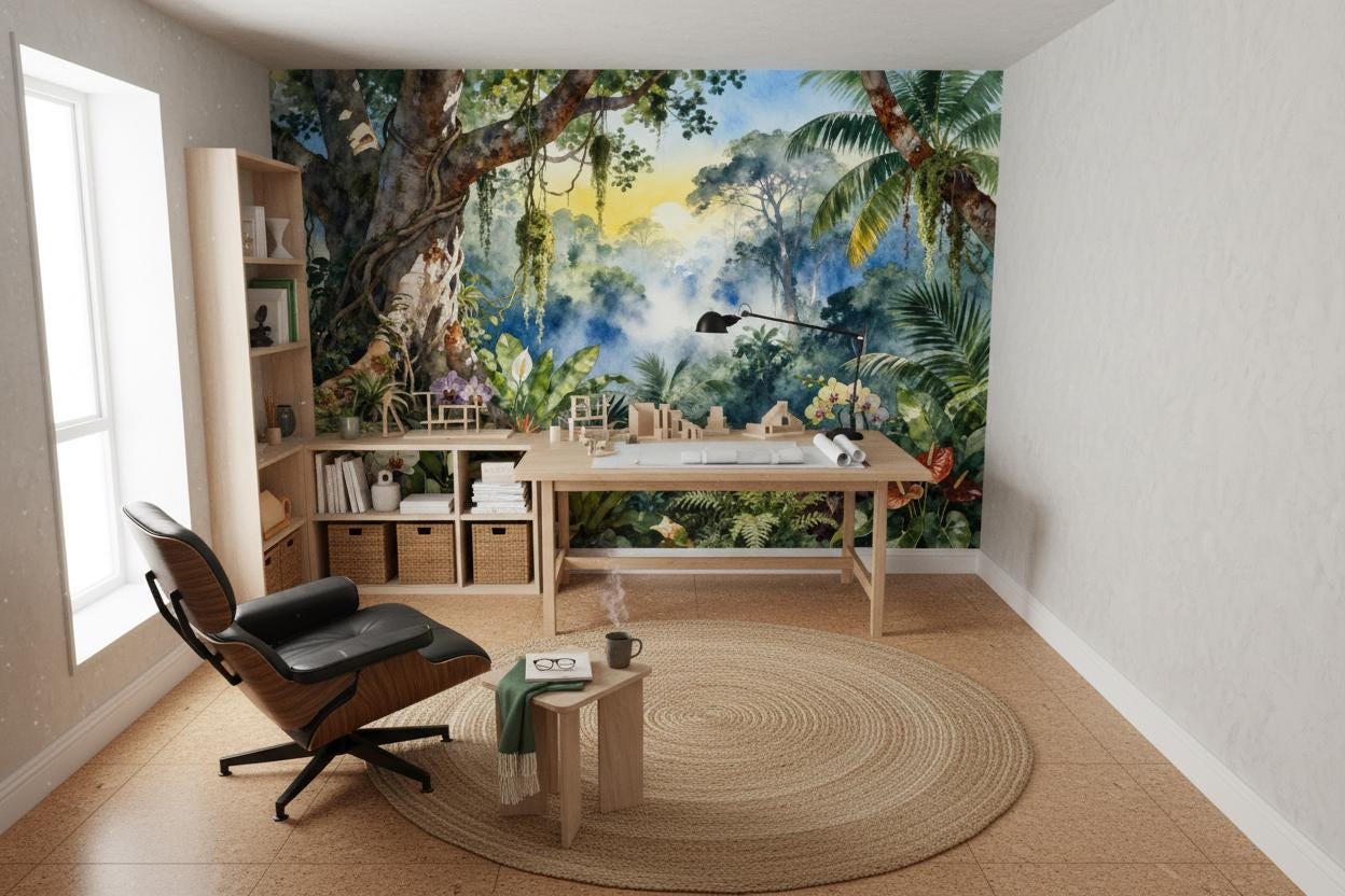 Watercolor Tropical Jungle Non Floral Wallpaper – alternate view, Golden Era Walls