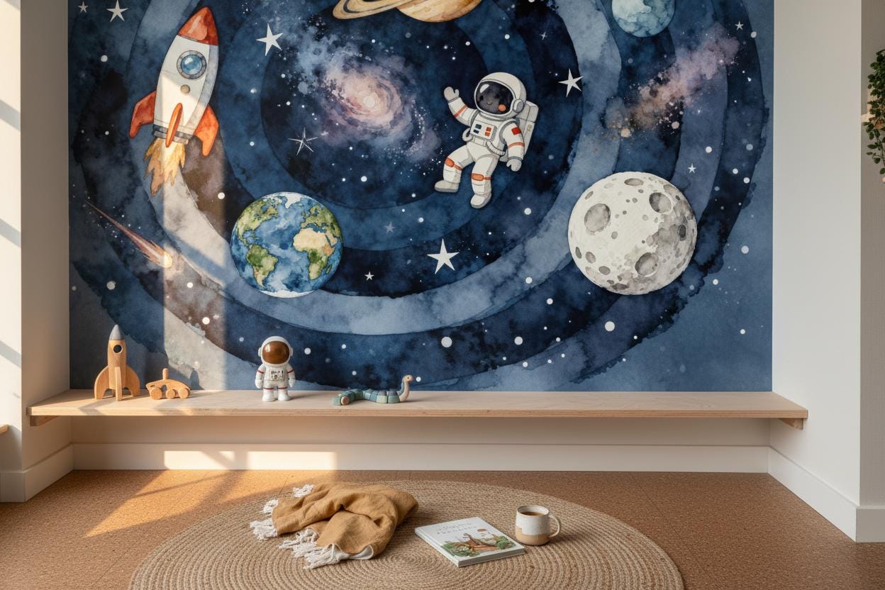 Watercolor Space Planets Astronaut Wallpaper – scale reference, Golden Era Walls