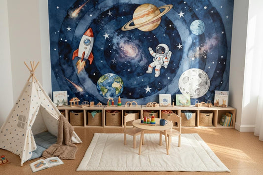 Watercolor Space Planets Astronaut Wallpaper – room setting, Golden Era Walls