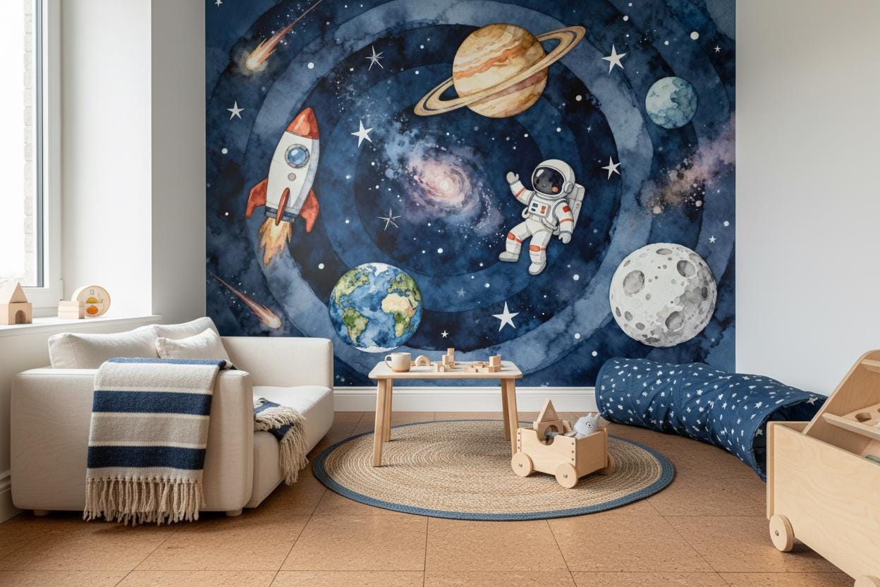 Watercolor Space Planets Astronaut Wallpaper – lifestyle view, Golden Era Walls