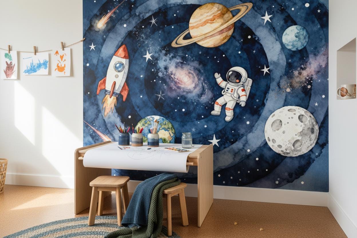 Watercolor Space Planets Astronaut Wallpaper – detail view, Golden Era Walls