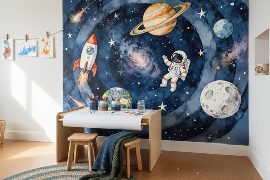 Watercolor Space Planets Astronaut Wallpaper – detail view, Golden Era Walls