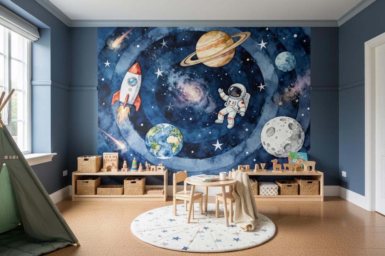 Watercolor Space Planets Astronaut Wallpaper – peel and stick wallpaper mural, Golden Era Walls