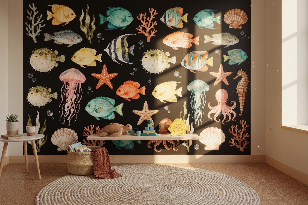 Watercolor Sea Life Dark Coastal Wallpaper – detail view, Golden Era Walls