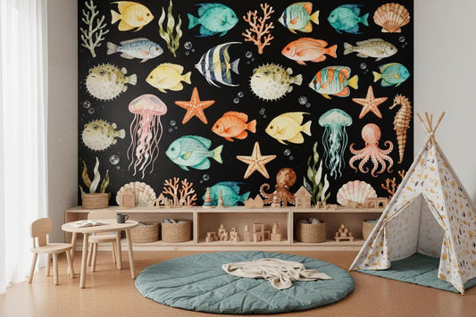 Watercolor Sea Life Dark Coastal Wallpaper – room setting, Golden Era Walls