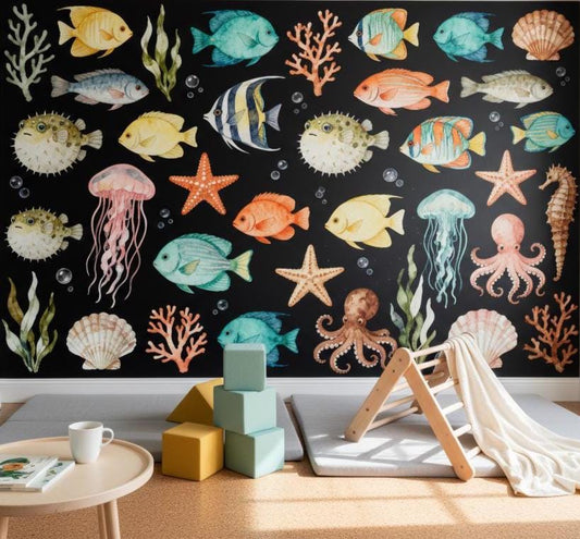 Watercolor Sea Life Dark Coastal Wallpaper – peel and stick wallpaper mural, Golden Era Walls