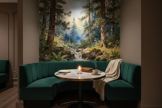 Watercolor Forest Vintage Woodland Wallpaper – lifestyle view, Golden Era Walls