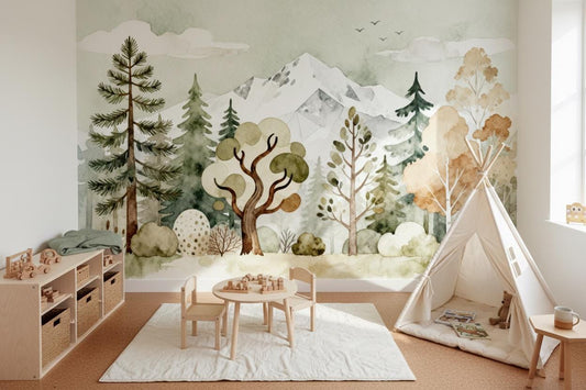Watercolor Sea Life Dark Coastal Wallpaper – room setting, Golden Era Walls
