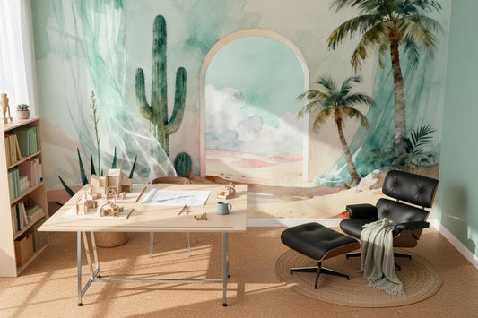Watercolor Desert Archway Aqua Wallpaper – room setting, Golden Era Walls