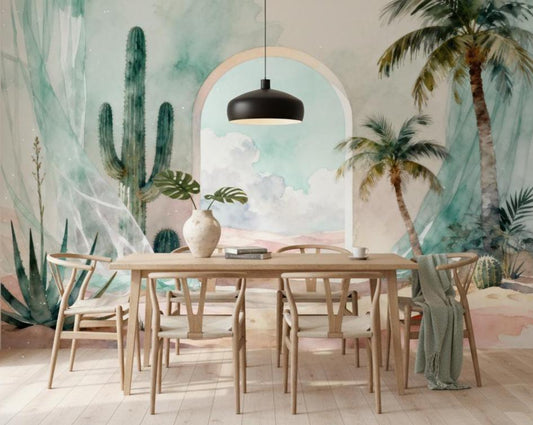 Watercolor Desert Archway Aqua Wallpaper – detail view, Golden Era Walls