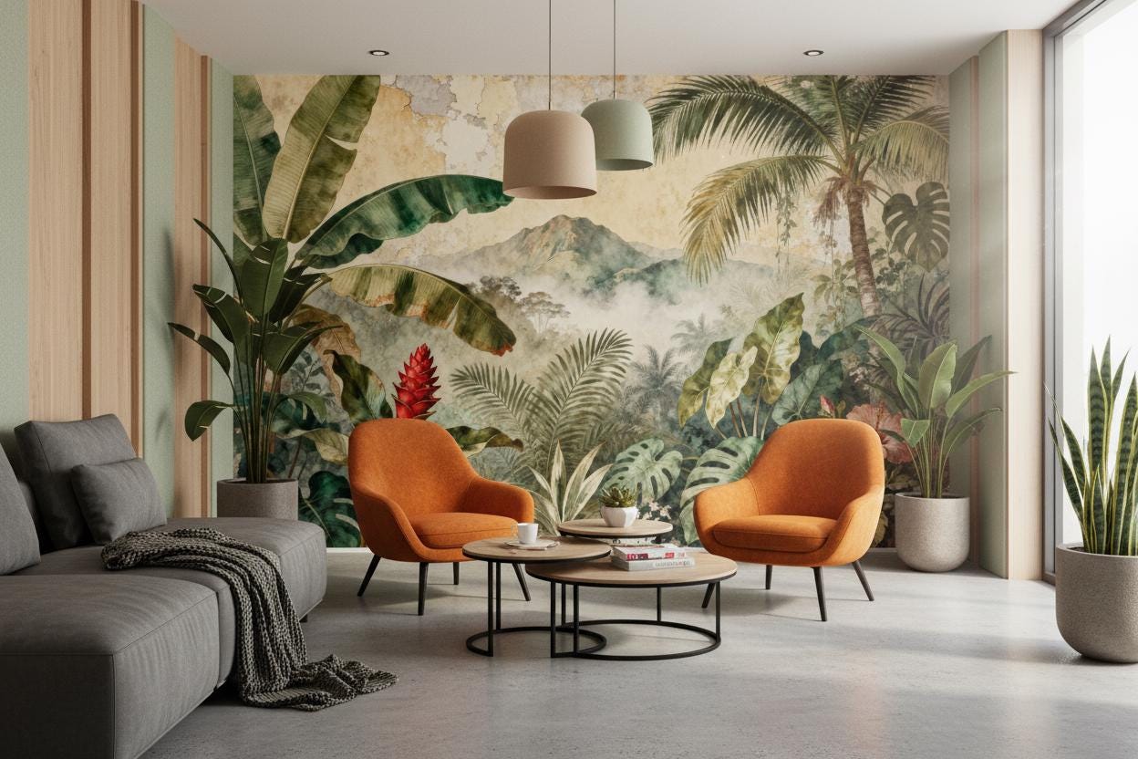 Vintage Tropical Green Distressed Floral Wallpaper – alternate view, Golden Era Walls