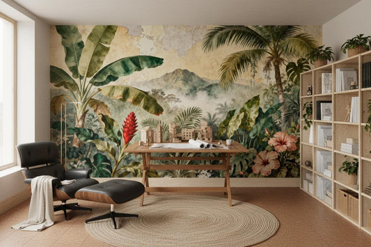 Vintage Tropical Green Distressed Floral Wallpaper – room setting, Golden Era Walls