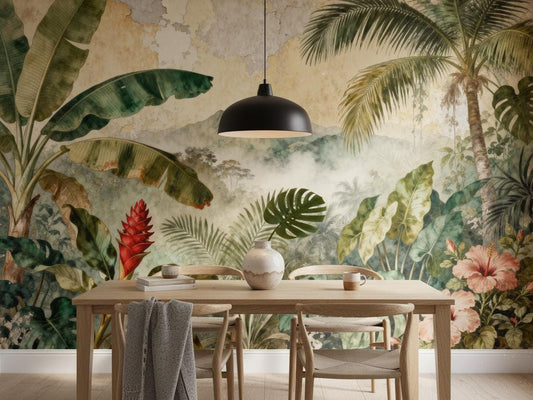 Vintage Tropical Green Distressed Floral Wallpaper – lifestyle view, Golden Era Walls