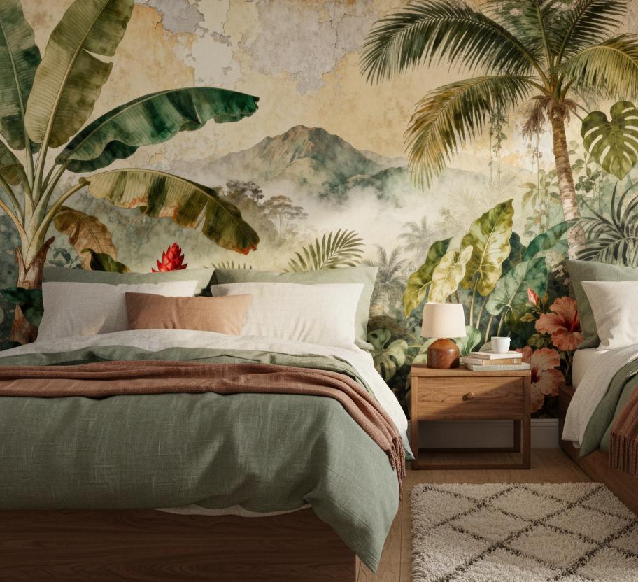 Vintage Tropical Green Distressed Floral Wallpaper – detail view, Golden Era Walls