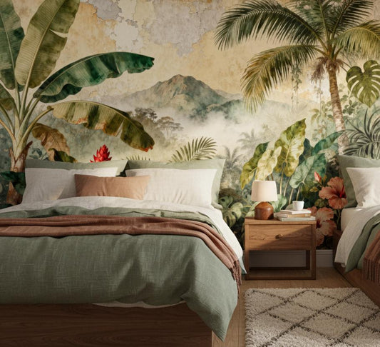 Vintage Tropical Green Distressed Floral Wallpaper – detail view, Golden Era Walls