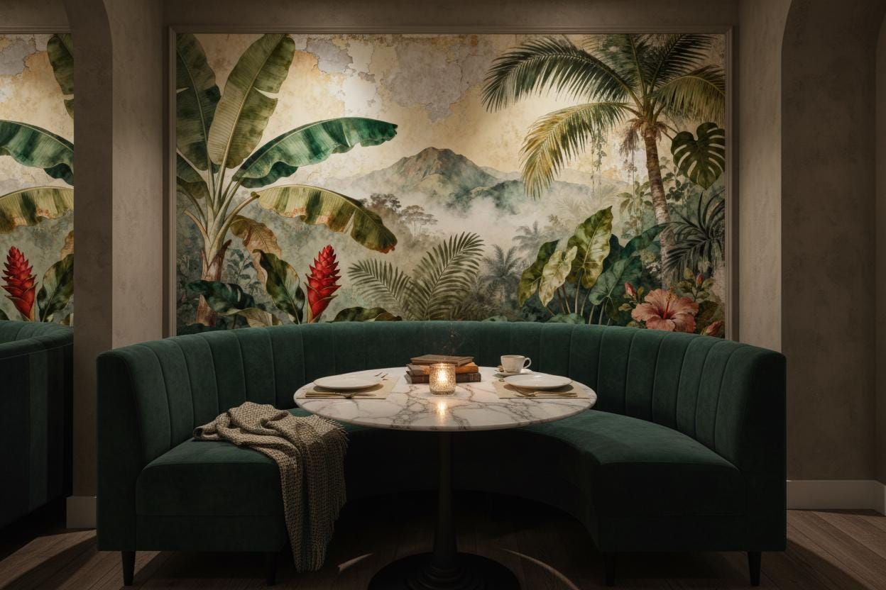 Vintage Tropical Green Distressed Floral Wallpaper – scale reference, Golden Era Walls