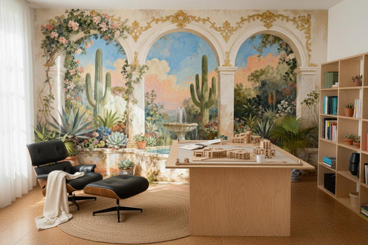 Vintage Mediterranean Fountain Courtyard Floral Wallpap – lifestyle view, Golden Era Walls