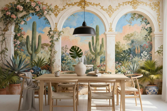 Vintage Mediterranean Fountain Courtyard Floral Wallpap – room setting, Golden Era Walls