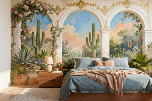 Vintage Mediterranean Fountain Courtyard Floral Wallpap – peel and stick wallpaper mural, Golden Era Walls