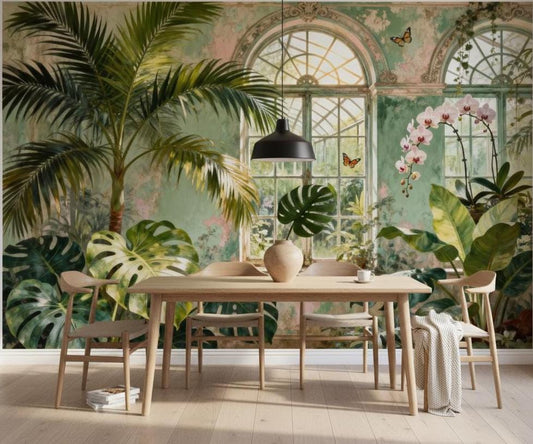 Vintage Tropical Green Distressed Floral Wallpaper – peel and stick wallpaper mural, Golden Era Walls
