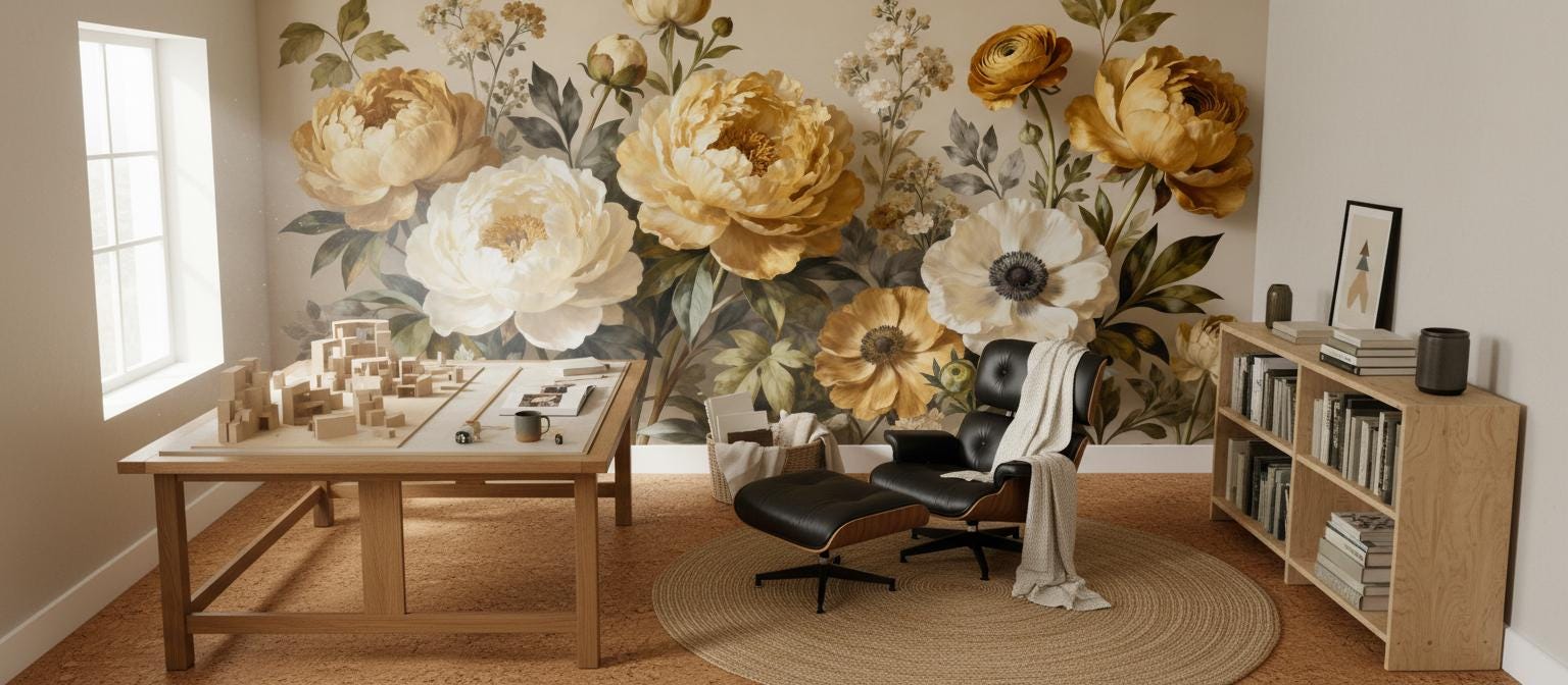 Vintage Golden Floral Moody Floral Wallpaper – lifestyle view, Golden Era Walls