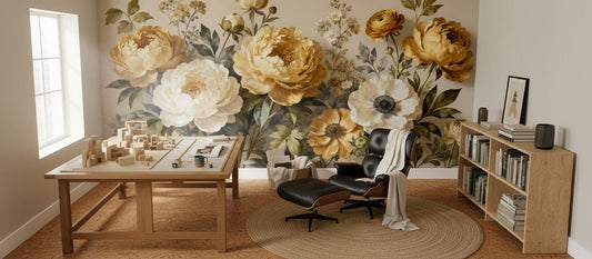 Vintage Golden Floral Moody Floral Wallpaper – lifestyle view, Golden Era Walls