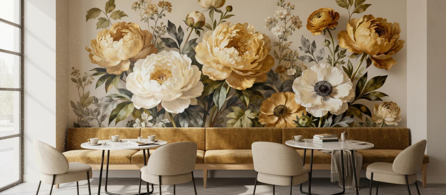 Vintage Golden Floral Moody Floral Wallpaper – peel and stick wallpaper mural, Golden Era Walls