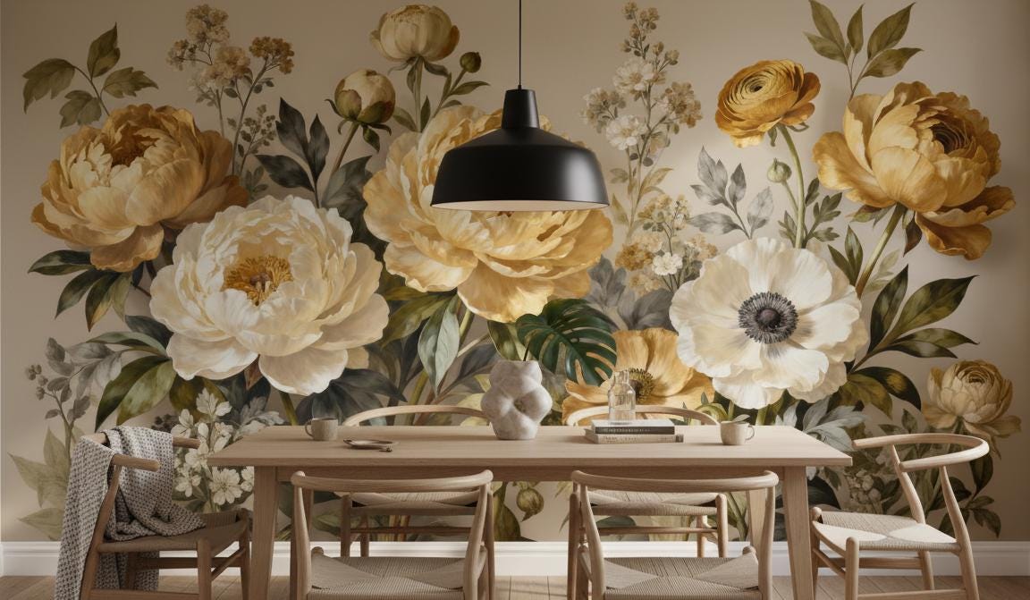 Vintage Golden Floral Moody Floral Wallpaper – alternate view, Golden Era Walls