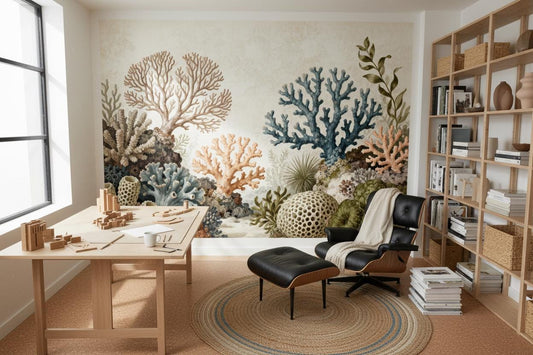 Vintage Coral Reef Coastal Floral Wallpaper – peel and stick wallpaper mural, Golden Era Walls
