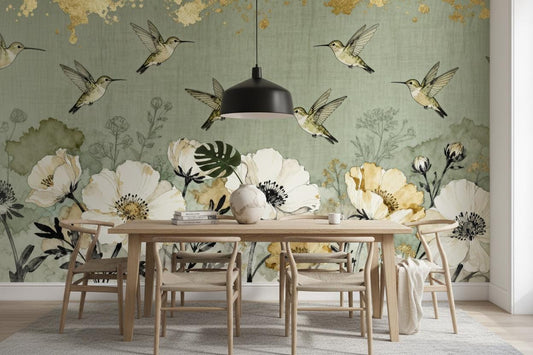 Vintage Botanical Hummingbird Sage Floral Wallpaper – peel and stick wallpaper mural, Golden Era Walls