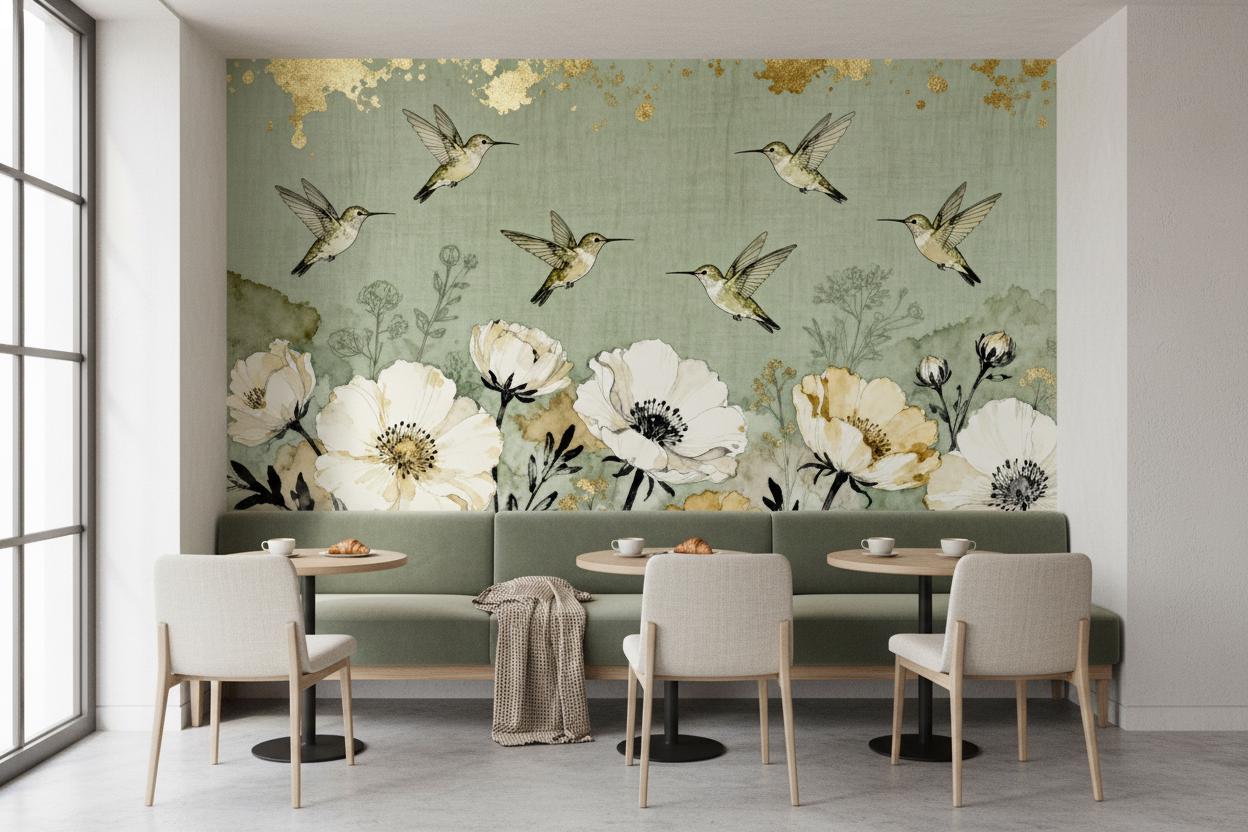Vintage Botanical Hummingbird Sage Floral Wallpaper – lifestyle view, Golden Era Walls