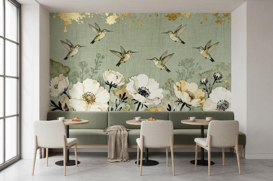 Vintage Botanical Hummingbird Sage Floral Wallpaper – lifestyle view, Golden Era Walls