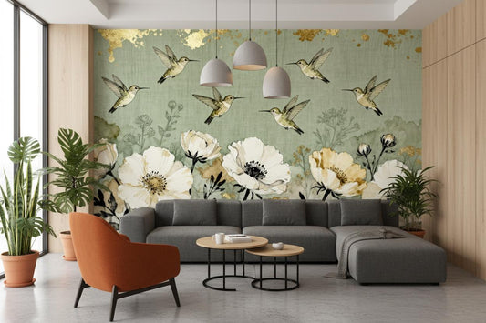 Vintage Botanical Hummingbird Sage Floral Wallpaper – room setting, Golden Era Walls